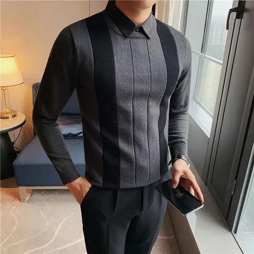 Fake Two Piece Shirt Collar Slim Sweater