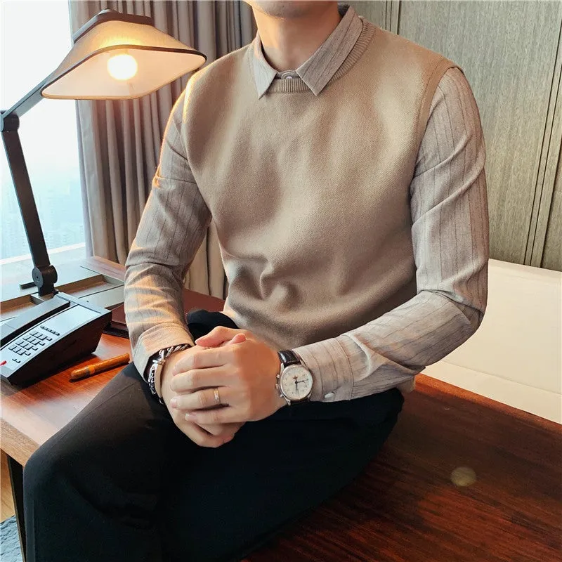 Fake Two Piece Shirt Collar Slim Sweater