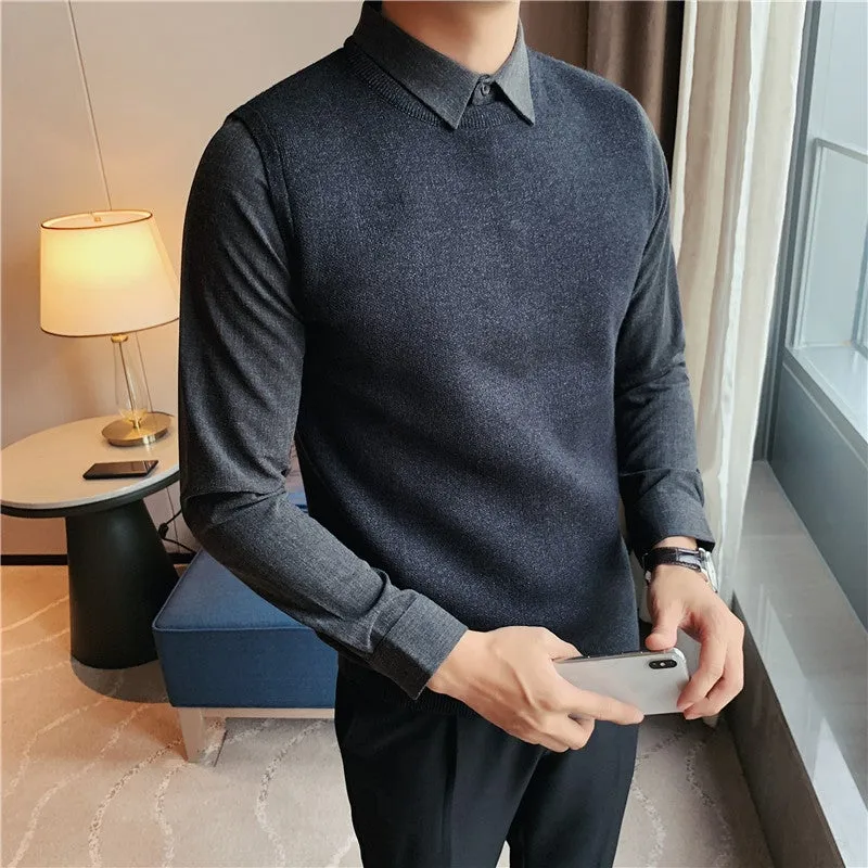 Fake Two Piece Shirt Collar Slim Sweater