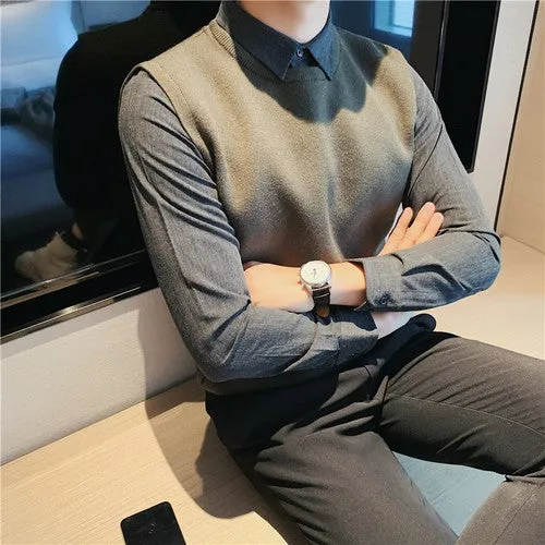 Fake Two Piece Shirt Collar Slim Sweater