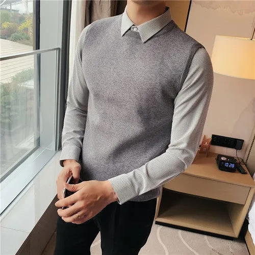 Fake Two Piece Shirt Collar Slim Sweater