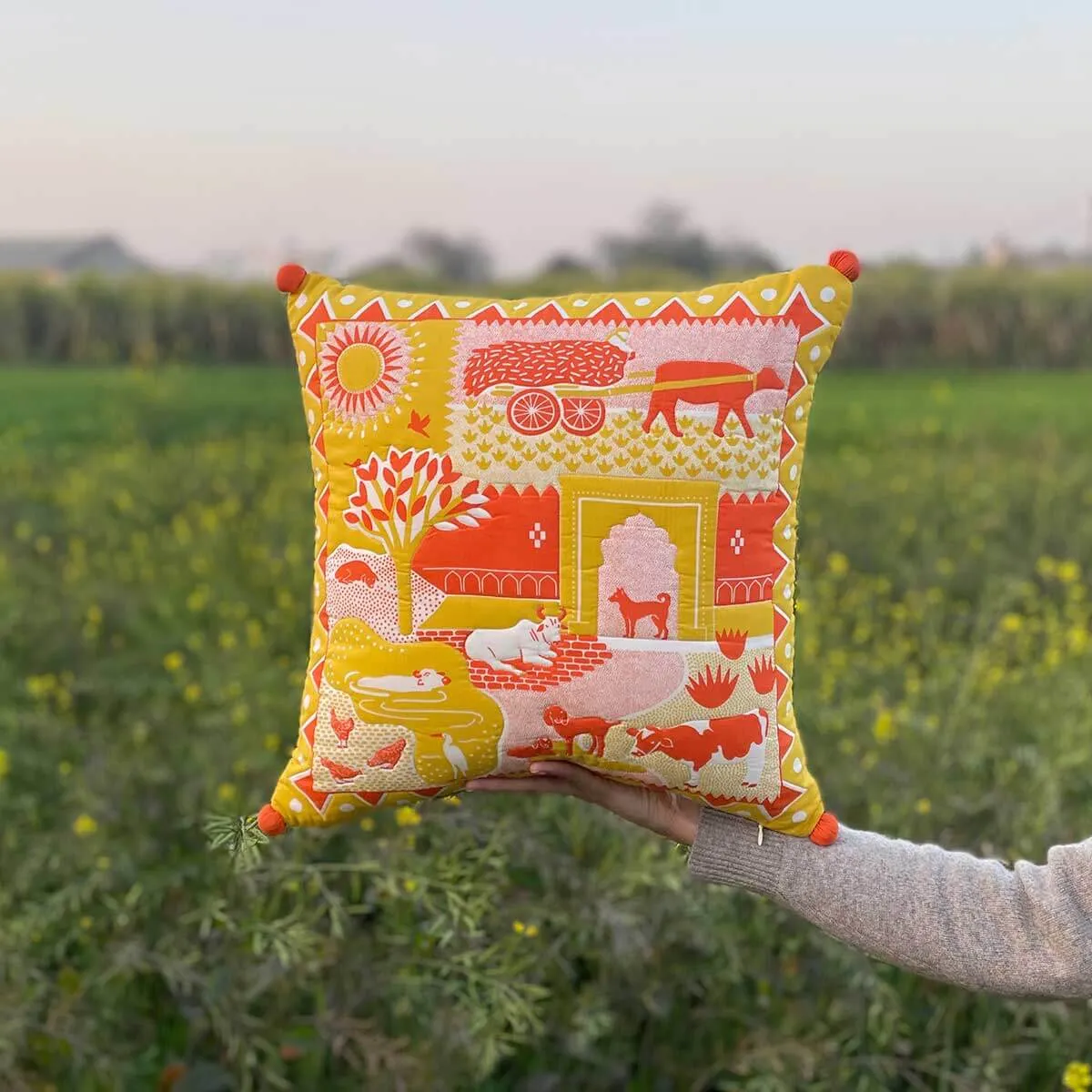 Farm Life Pom Pom Cushion Cover