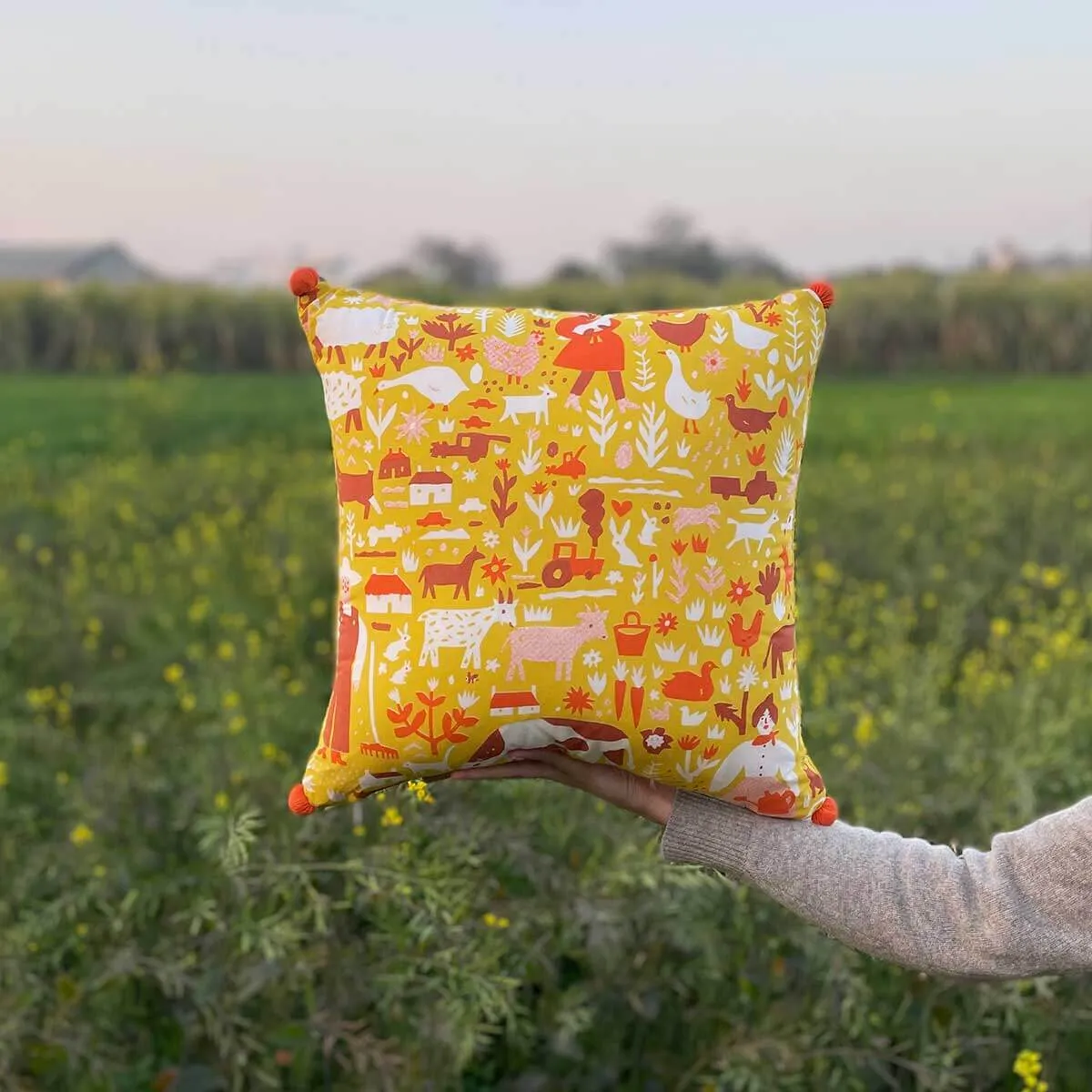 Farm Life Pom Pom Cushion Cover