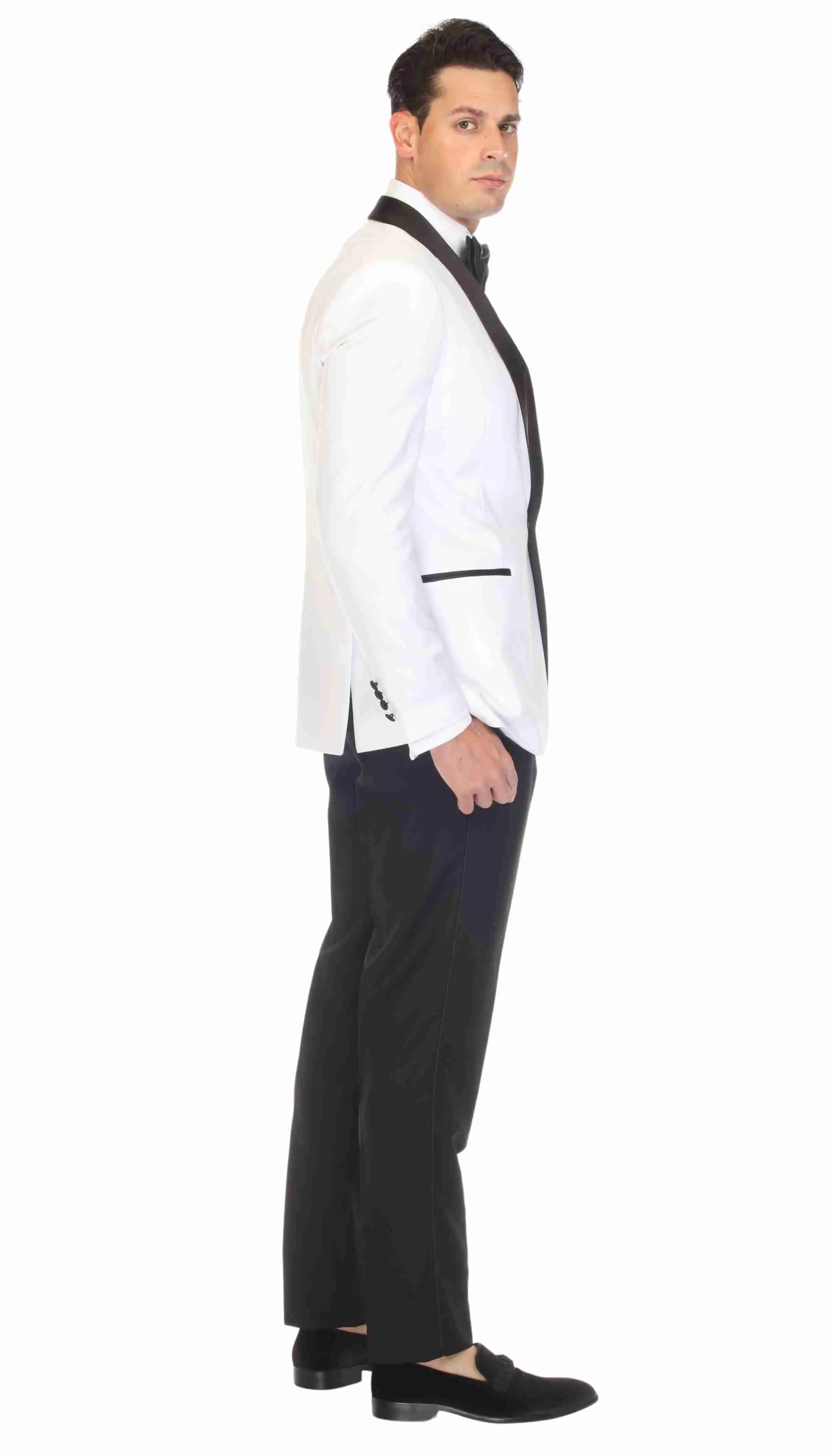 Ferrecci Slim White & Black Satin Shawl Collar Tuxedo Jacket With Black Pants