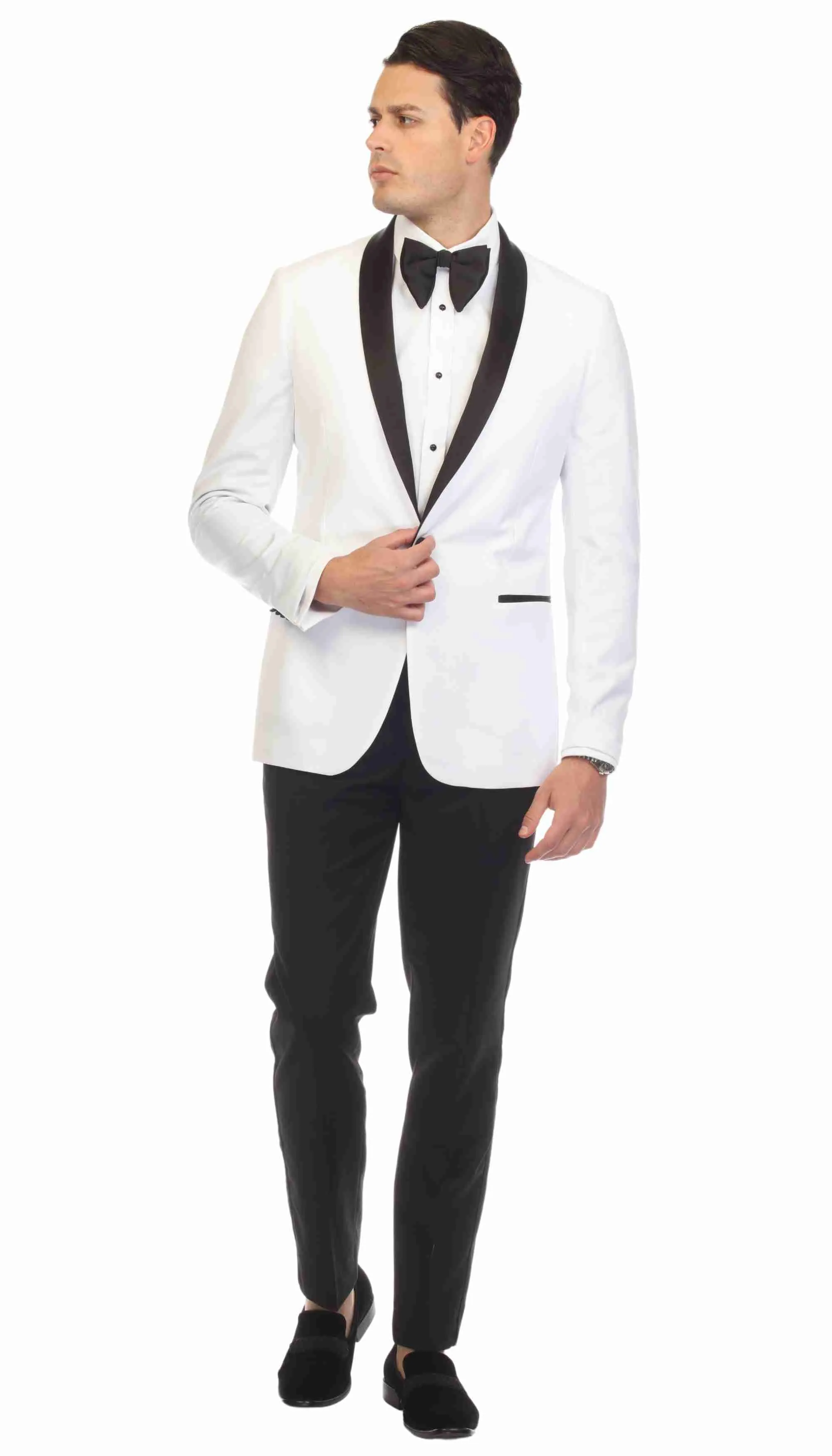 Ferrecci Slim White & Black Satin Shawl Collar Tuxedo Jacket With Black Pants