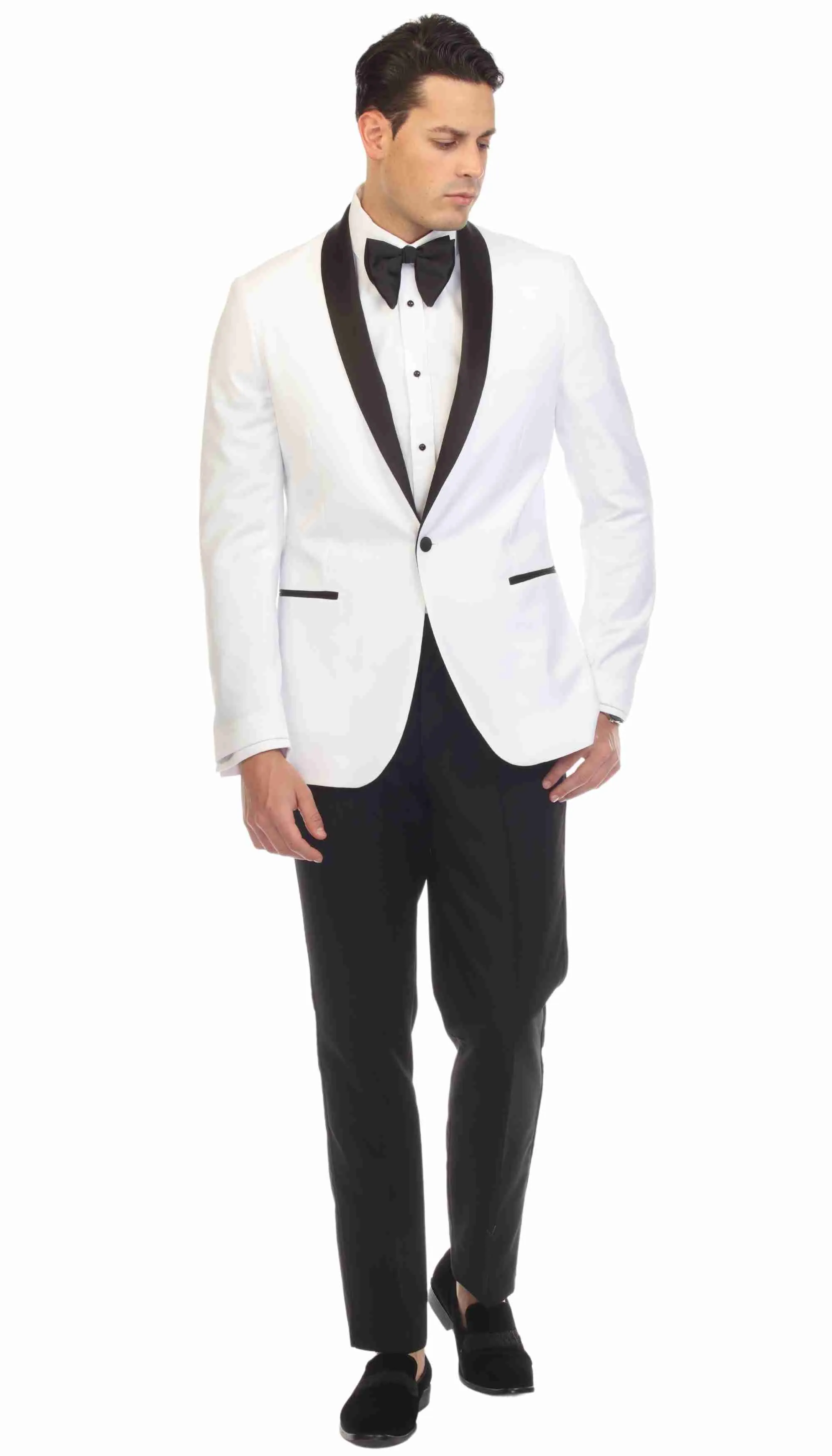 Ferrecci Slim White & Black Satin Shawl Collar Tuxedo Jacket With Black Pants