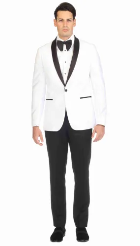 Ferrecci Slim White & Black Satin Shawl Collar Tuxedo Jacket With Black Pants