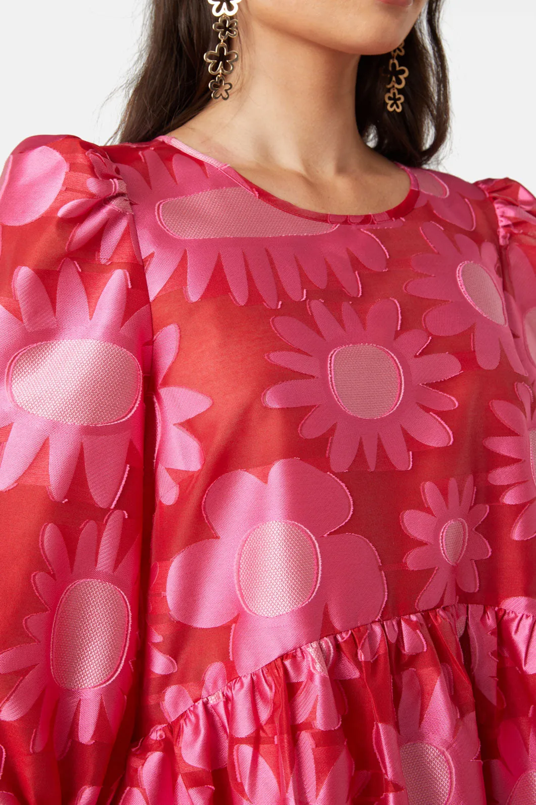 Flowering Pink Jacquard Dress