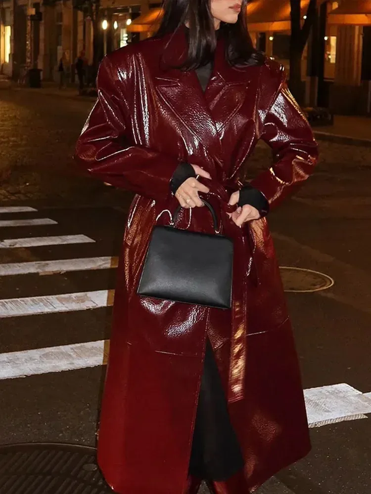 Flytonn-Christmas Thanksgiving Gift New Year's Eve Casual Outfits Wine Red Retro Woman Full Sleeves Long Leather Coat Fashion Solid Color With Belt Overcoat 2024 Autumn High Street Outerwear