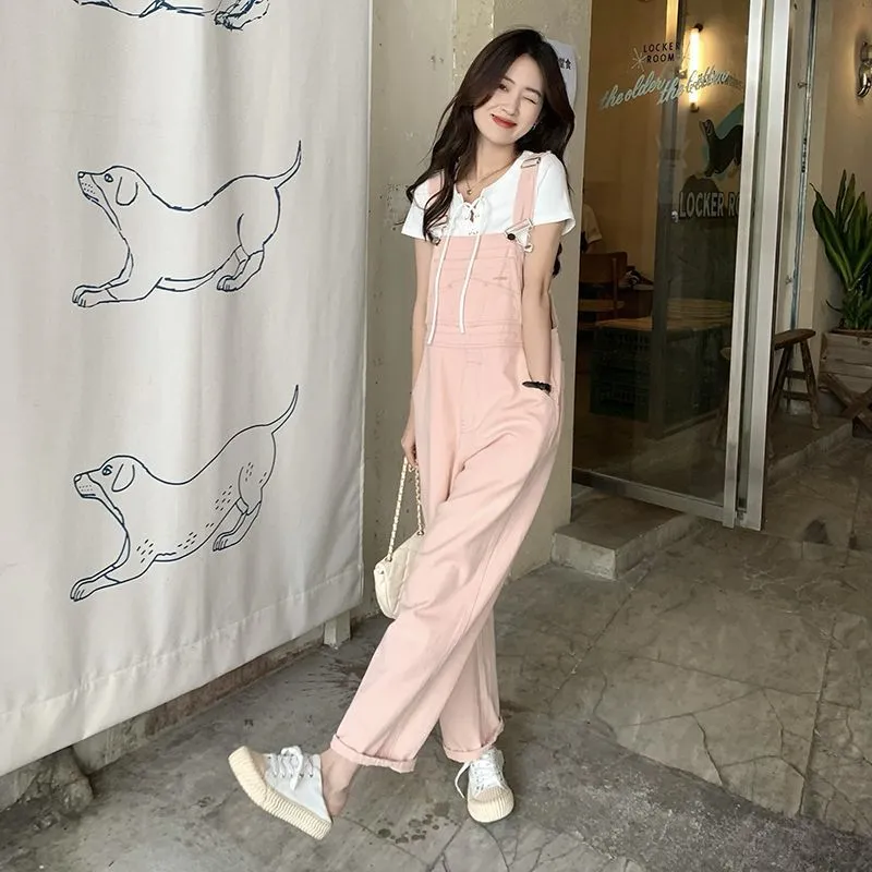 Flytonnshop fall outfits women Spring and Autumn New Pink Denim Suspender Pants Women's Korean-Style Loose Small High Waist Straight Jumpsuit