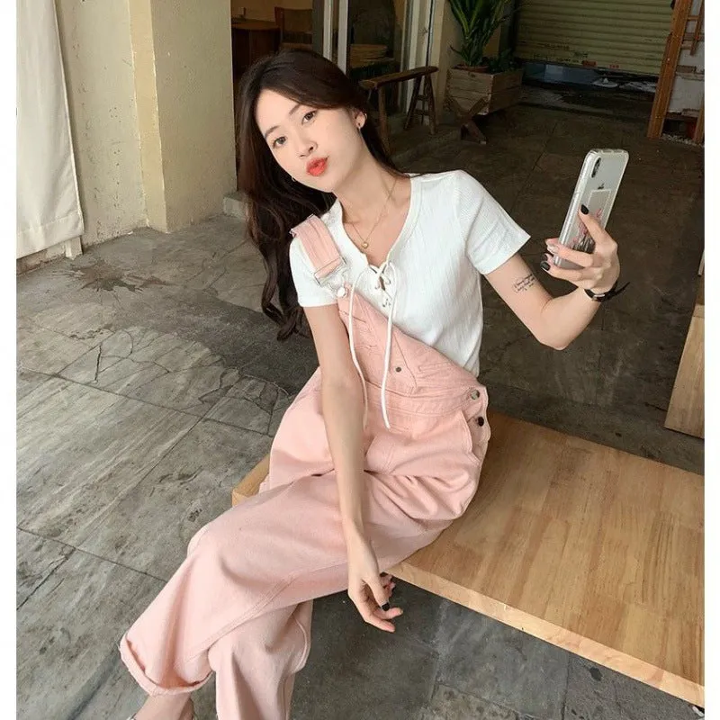 Flytonnshop fall outfits women Spring and Autumn New Pink Denim Suspender Pants Women's Korean-Style Loose Small High Waist Straight Jumpsuit