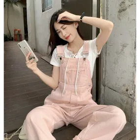 Flytonnshop fall outfits women Spring and Autumn New Pink Denim Suspender Pants Women's Korean-Style Loose Small High Waist Straight Jumpsuit