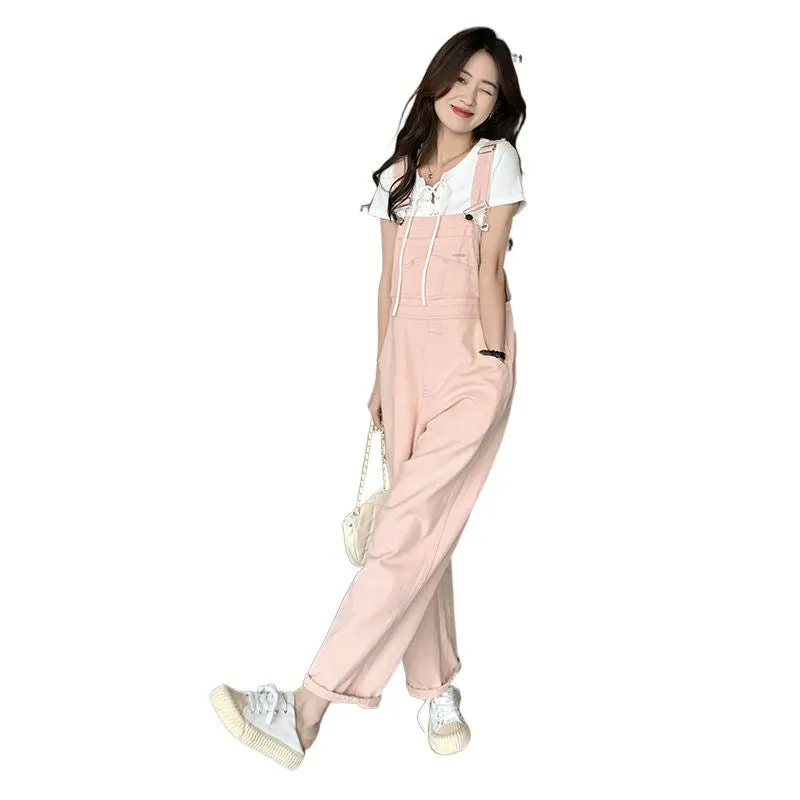 Flytonnshop fall outfits women Spring and Autumn New Pink Denim Suspender Pants Women's Korean-Style Loose Small High Waist Straight Jumpsuit