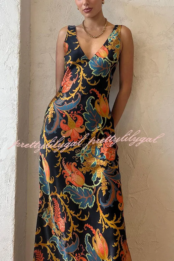 Forever Mine Satin Exclusive Botanical Print Slip Maxi Dress