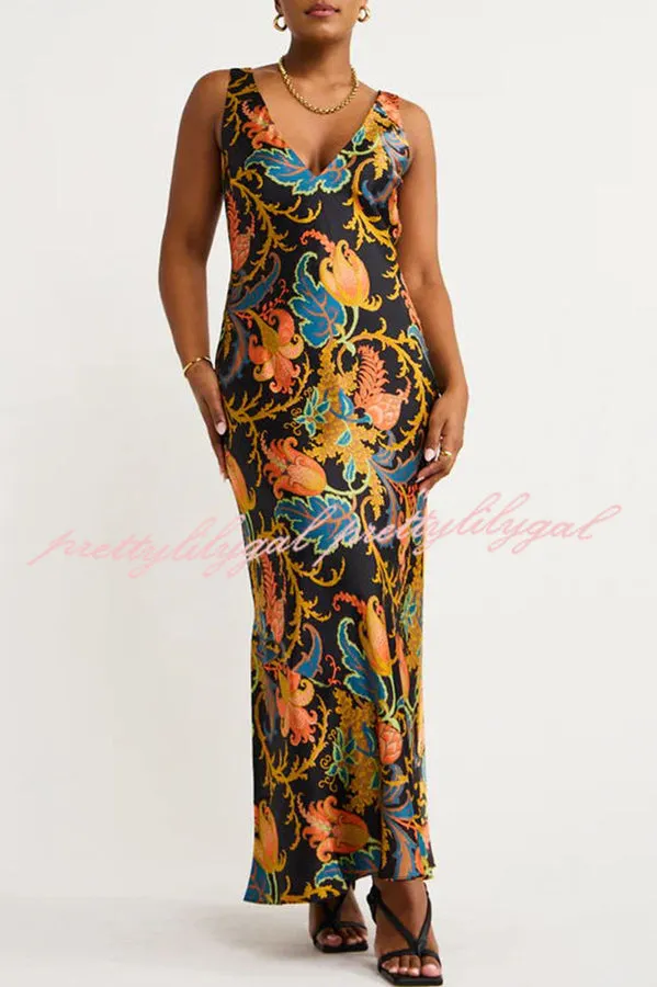 Forever Mine Satin Exclusive Botanical Print Slip Maxi Dress