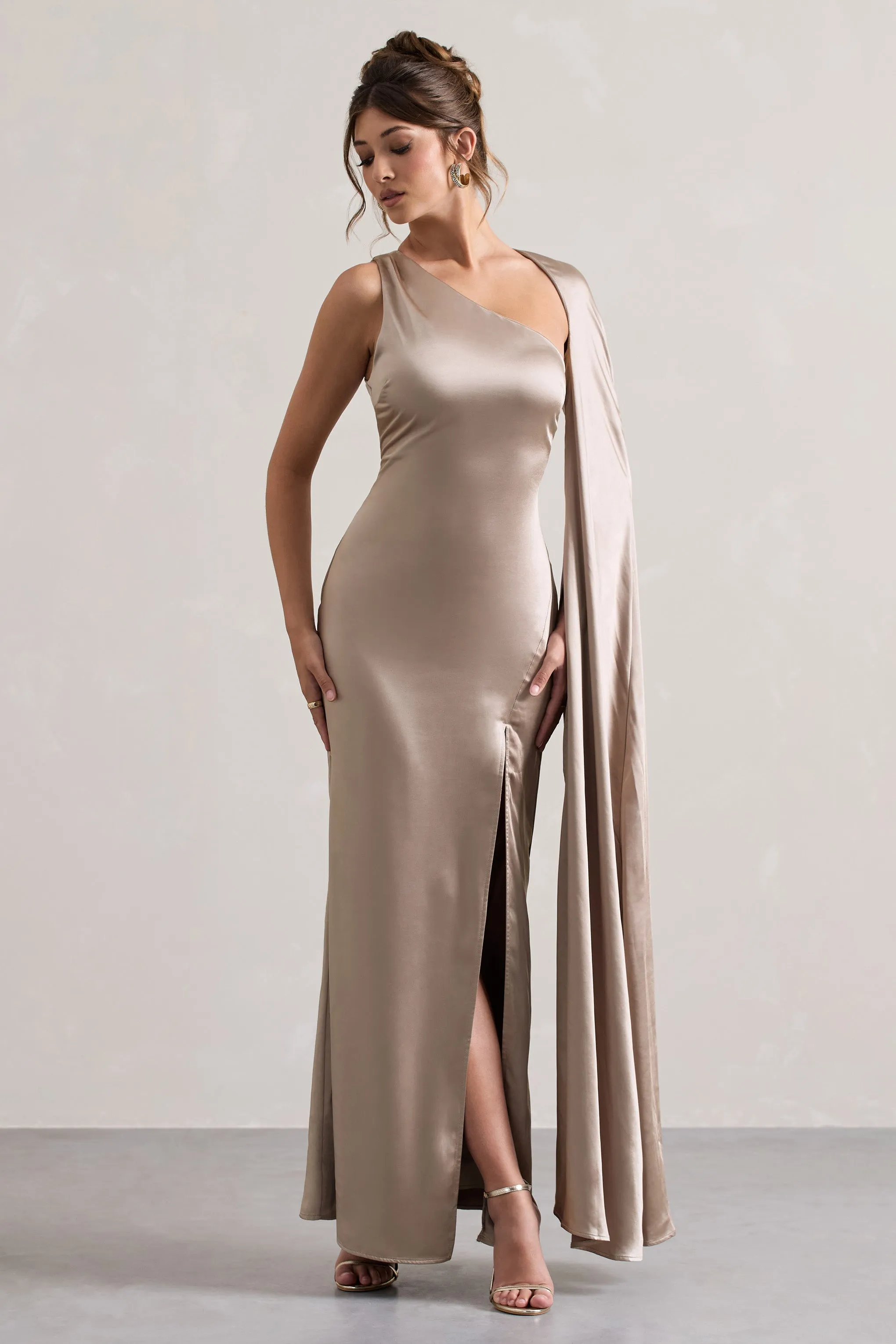 Gala | Taupe Satin One-Shoulder Cape Sleeve Split Maxi Dress