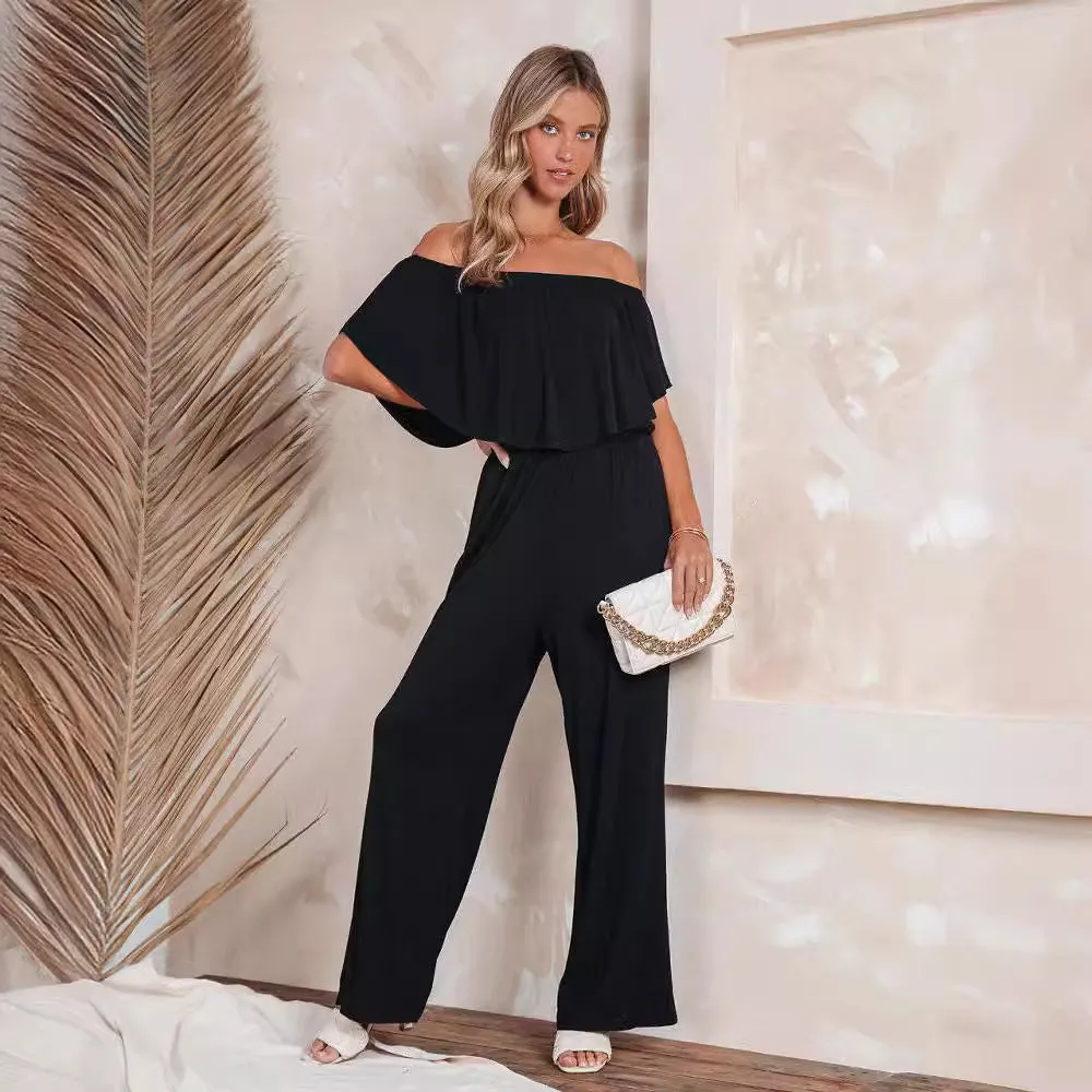 Girlary-shop black fur boots outfit 2024 Autumn and Winter Women's Clothing off-Shoulder Fashion Elegant Casual Wide-Leg Jumpsuit Women