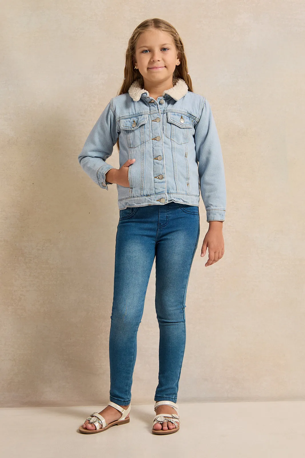 Girls Blue Denim With Sherpa Lining Jacket