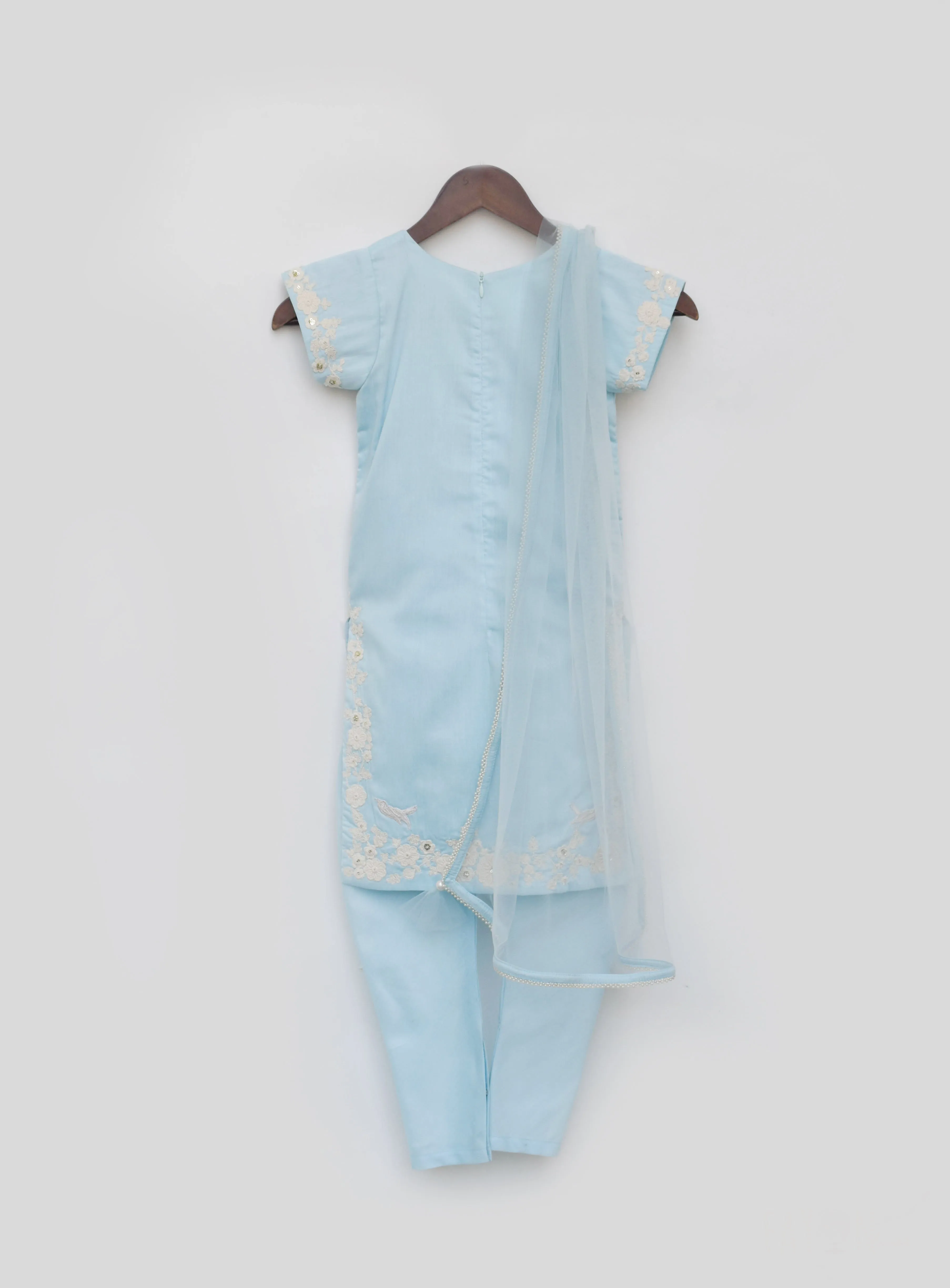 Girl's Blue Silk Kurti Churidar And Dupatta - Fayon Kids