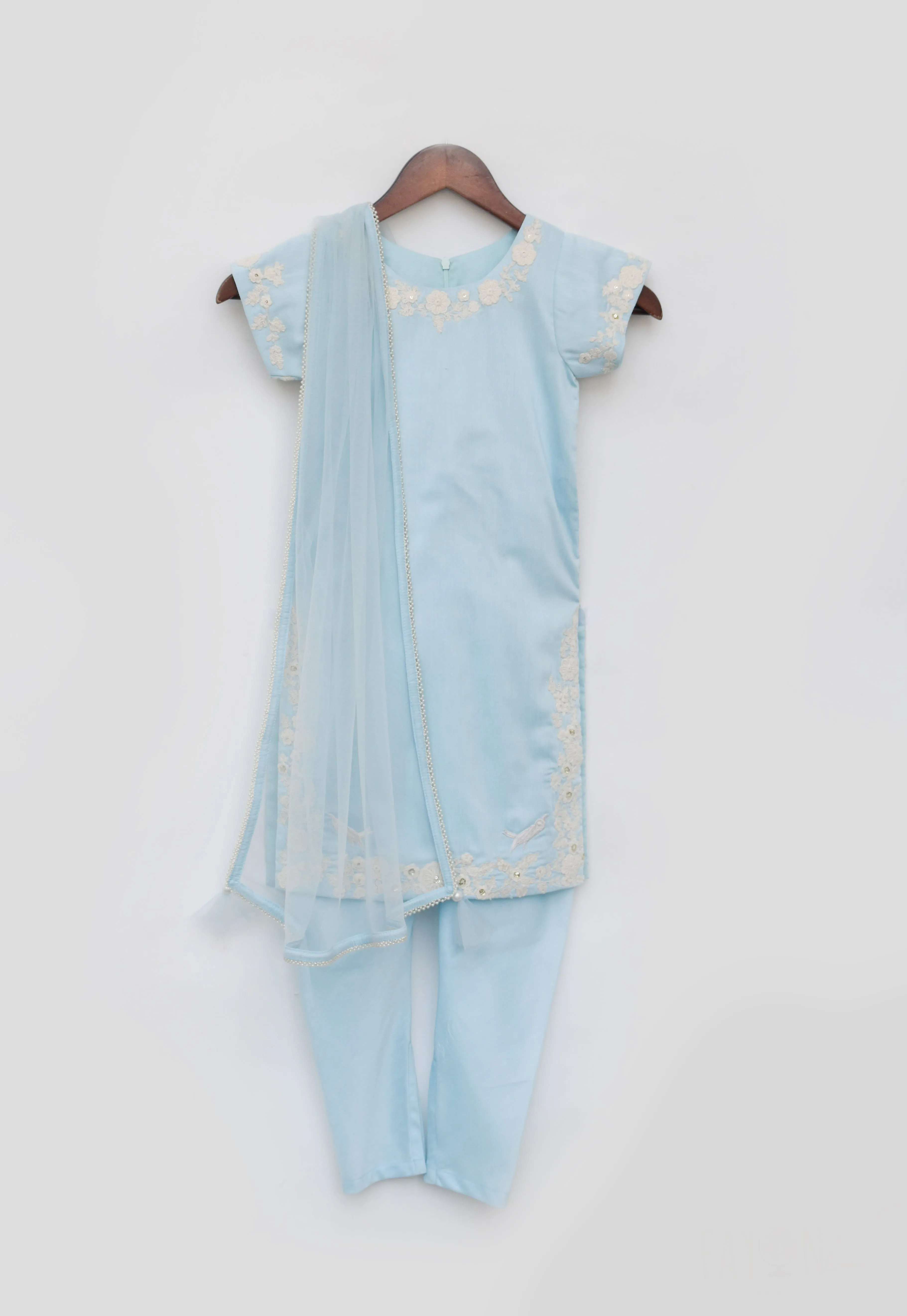 Girl's Blue Silk Kurti Churidar And Dupatta - Fayon Kids