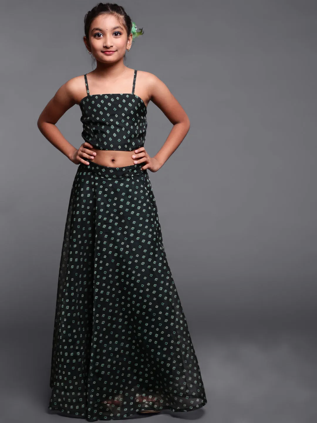 Girl's Dark Green Digital Printed Lehenga Choli With Cape Sleeve - Aks Girls