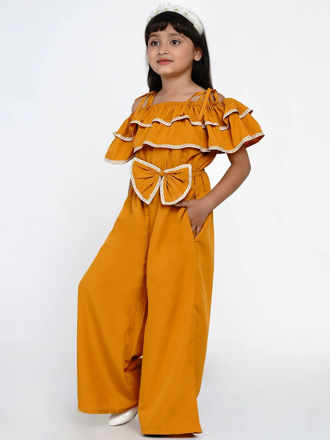 Girls Mustard Yellow Solid Basic Jumpsuit