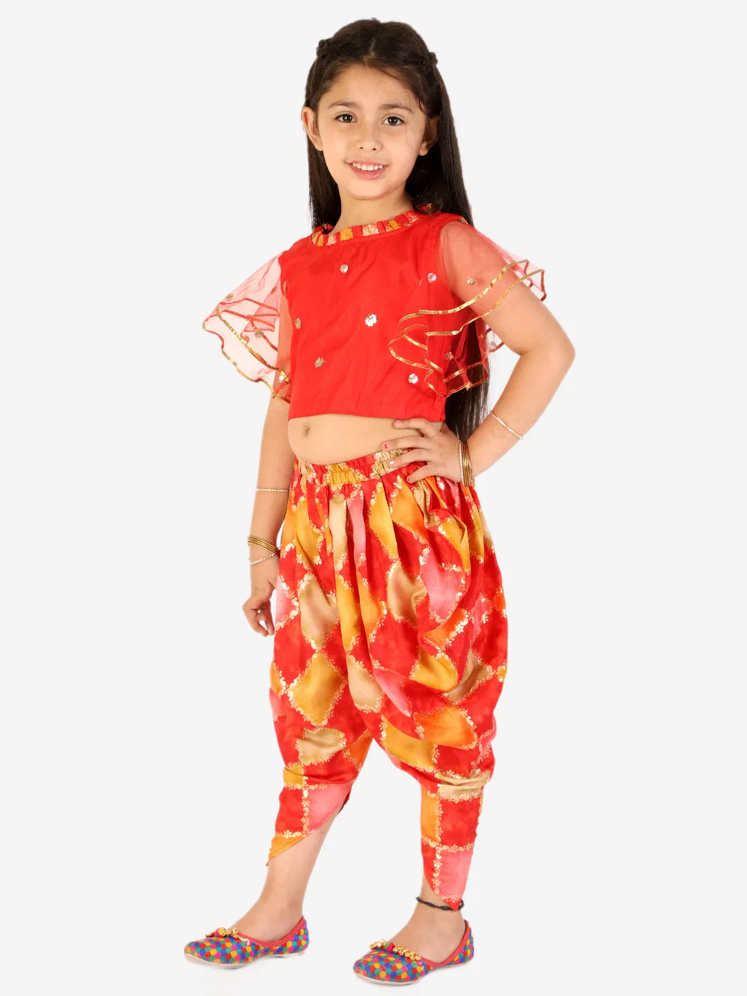 Girl's Net frill sleeves crop top with dhoti - KID1 Girls