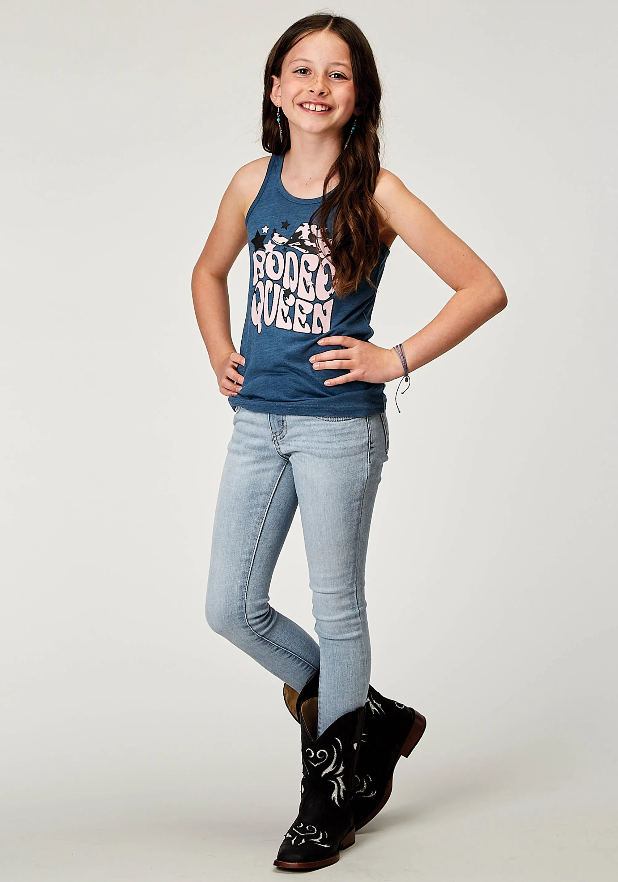 GIRLS SLEEVELESS NAVY BLUE POLY RAYON WESTERN T SHIRT WITH SCREEN PRINT DECORATION