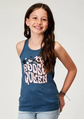 GIRLS SLEEVELESS NAVY BLUE POLY RAYON WESTERN T SHIRT WITH SCREEN PRINT DECORATION