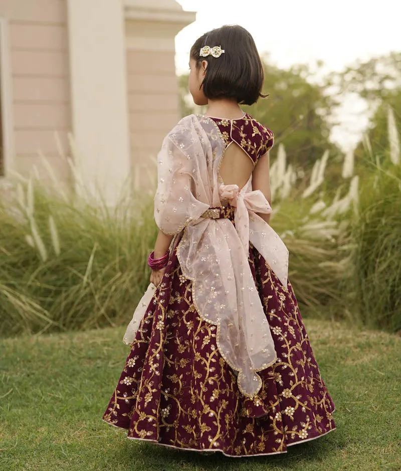 Girl's Wine Embroidery Velvet Lehenga Choli And Dupatta - Fayon Kids