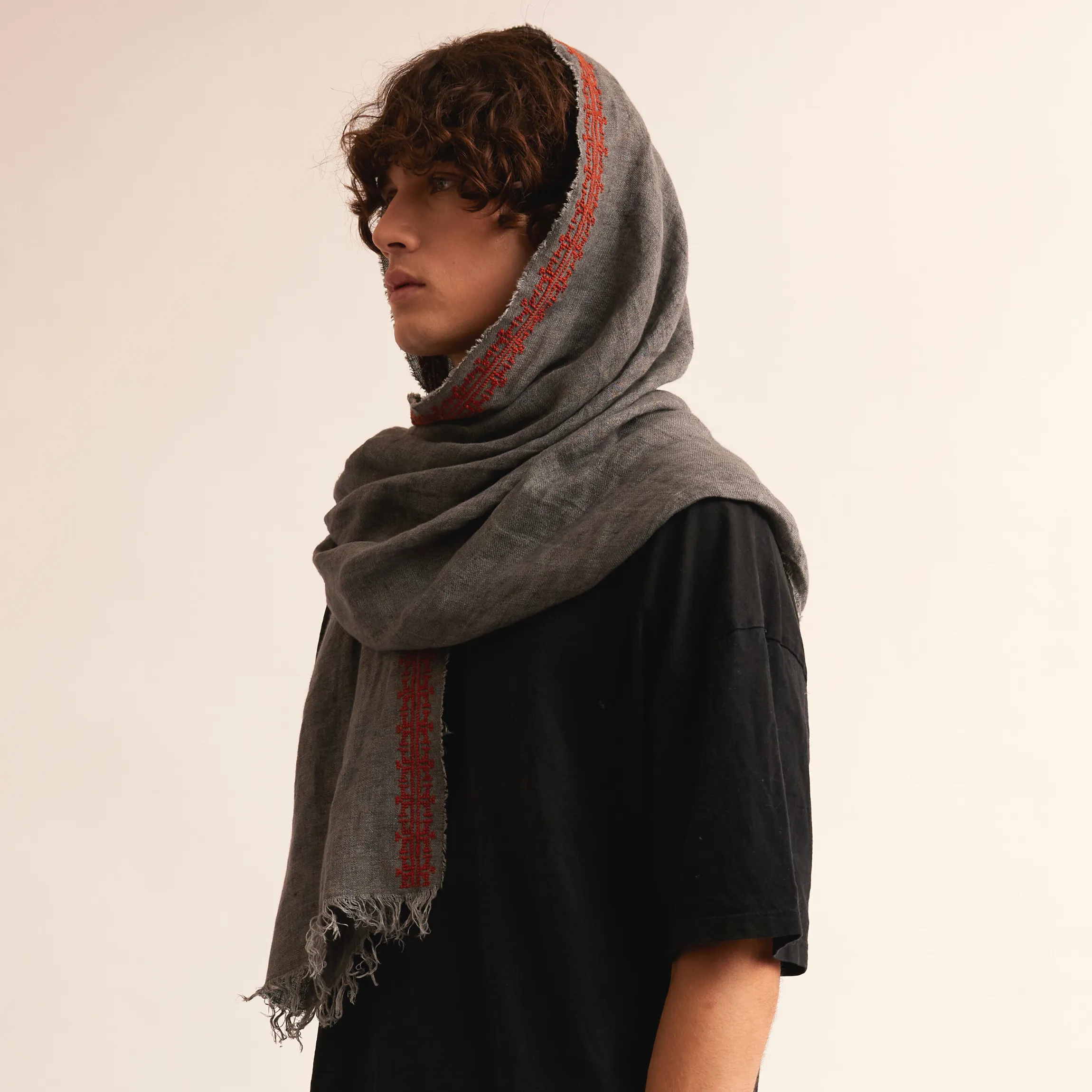 GRAY LINEN SHAWL COPPER IBRAHIM