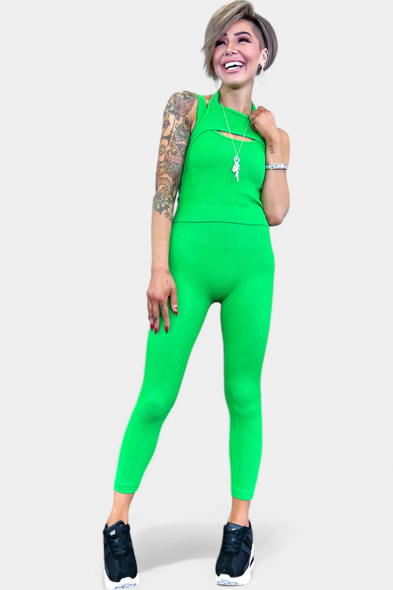 Green Ribbed Seamless Tank & Leggings Set [NO RETURNS]