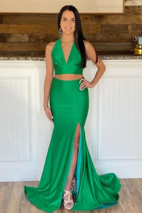 Halter V Neck Mermaid Two Pieces Green Long Prom Dress, Mermaid Green Formal Dress, Two Pieces Green Evening Dress A1512