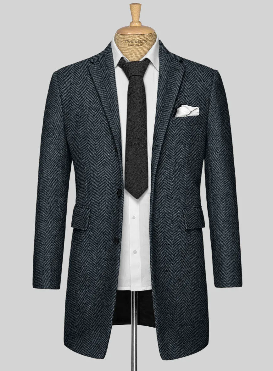 Italian Highlander Blue Herringbone Tweed Overcoat