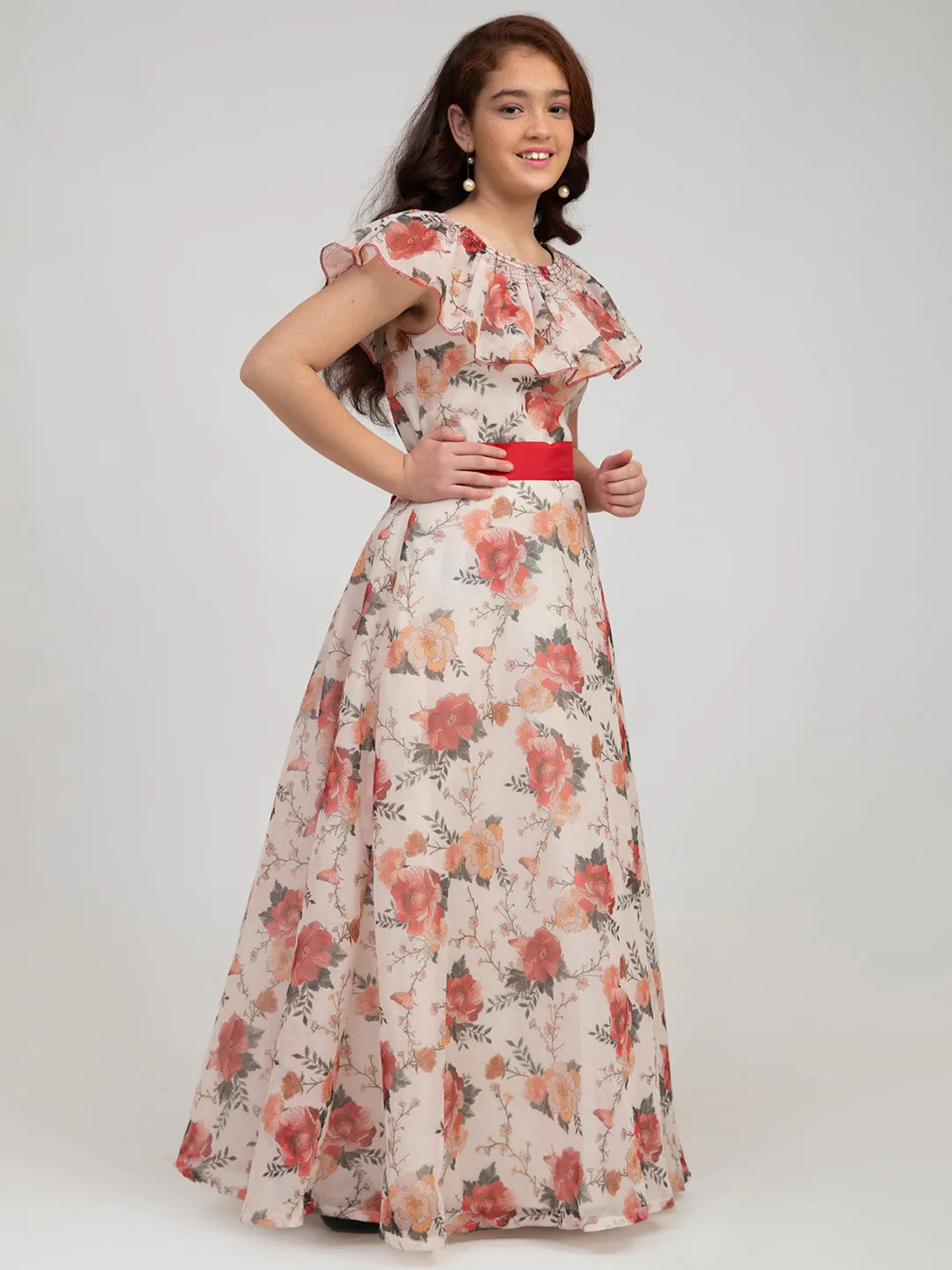 Jashvi Girls Off White Floral Printed Fit & Flare Dress