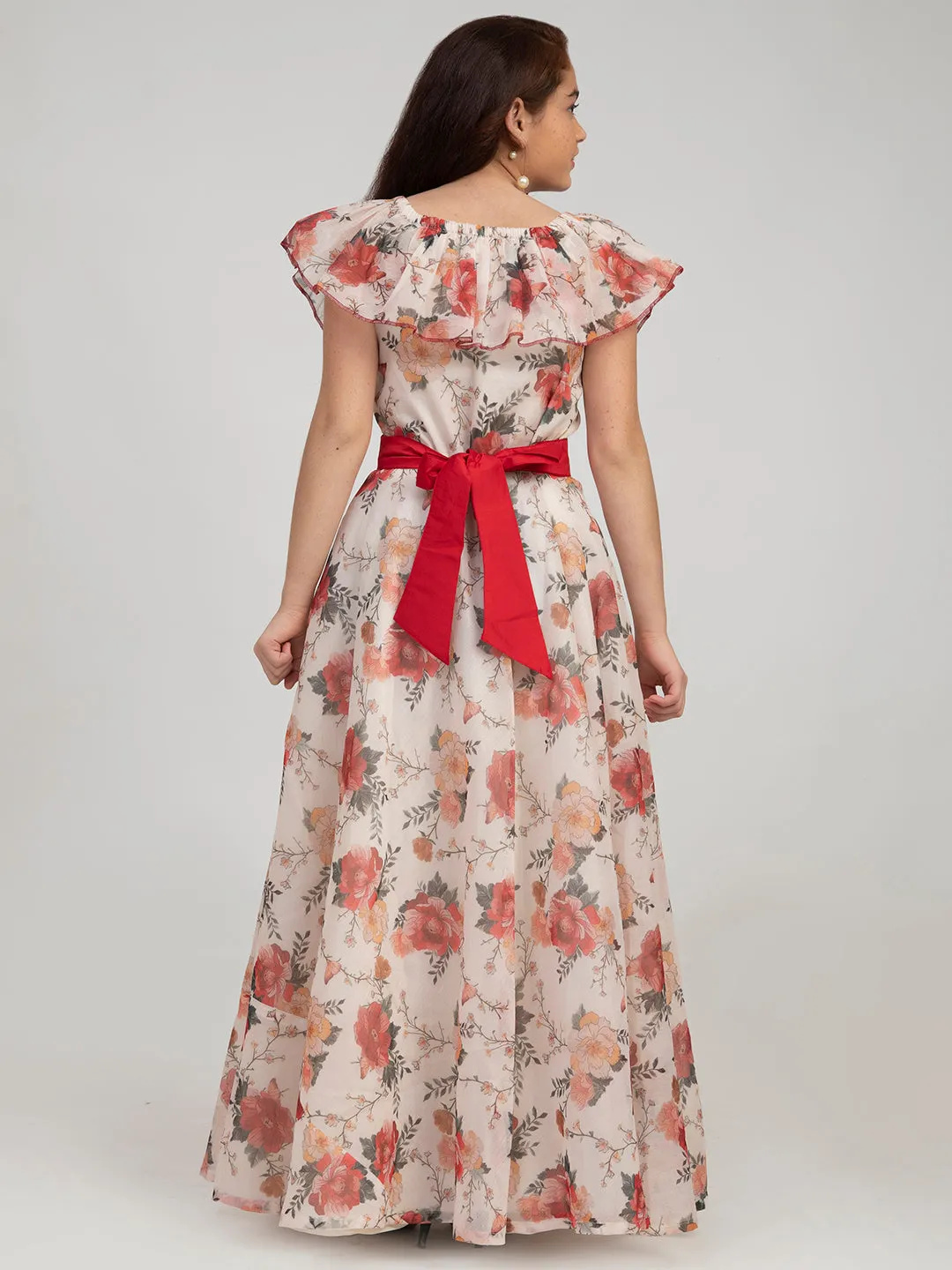 Jashvi Girls Off White Floral Printed Fit & Flare Dress