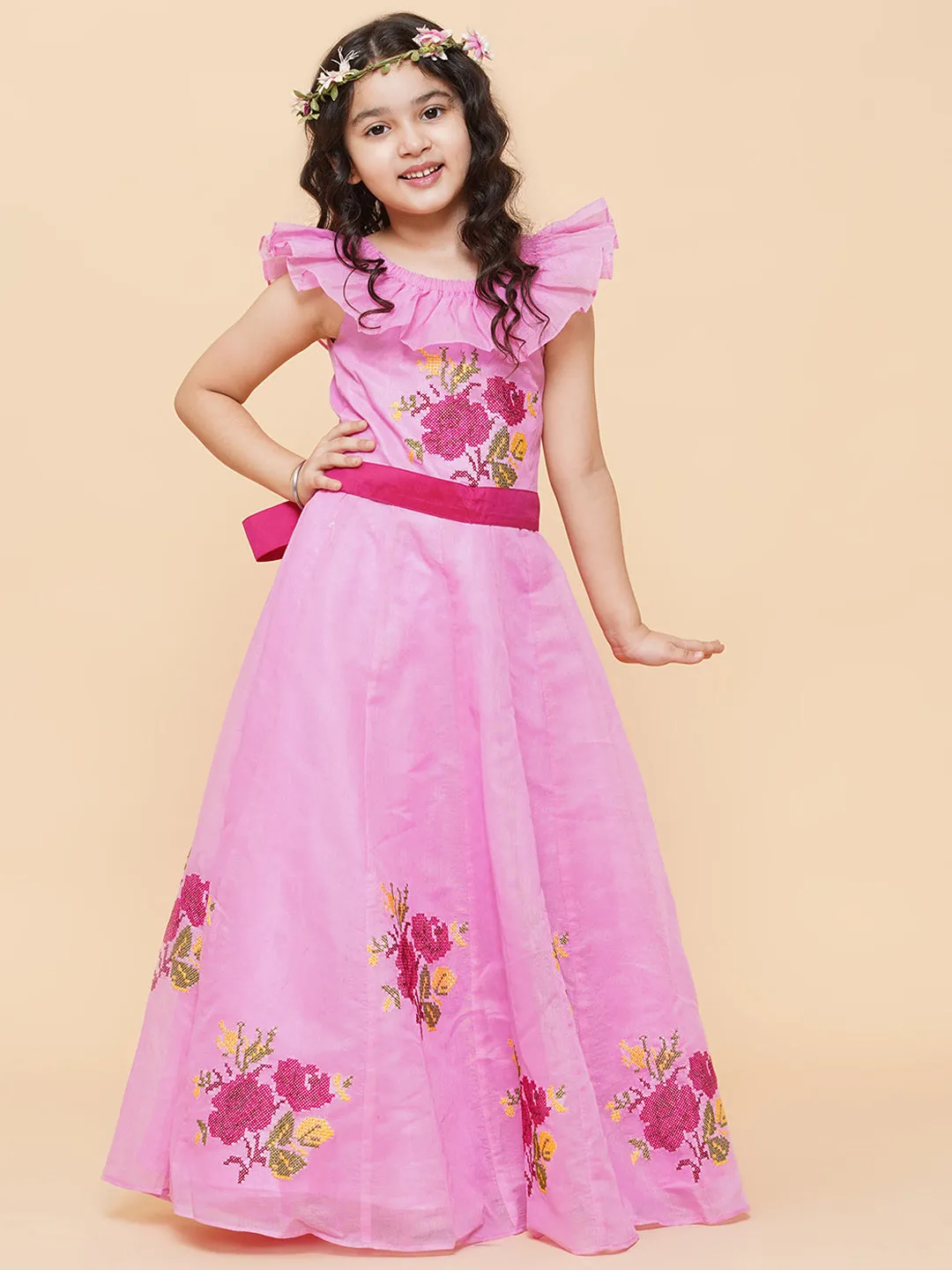 Jashvi Girls Pink Floral Embroidered Fit & Flared Dress