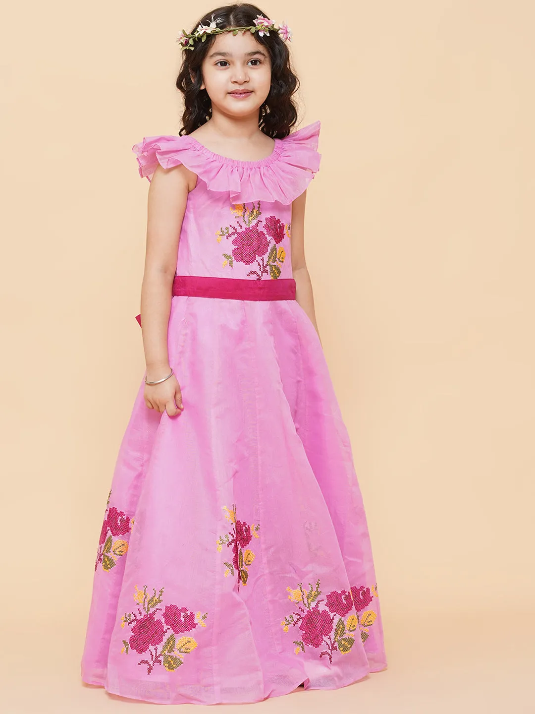 Jashvi Girls Pink Floral Embroidered Fit & Flared Dress