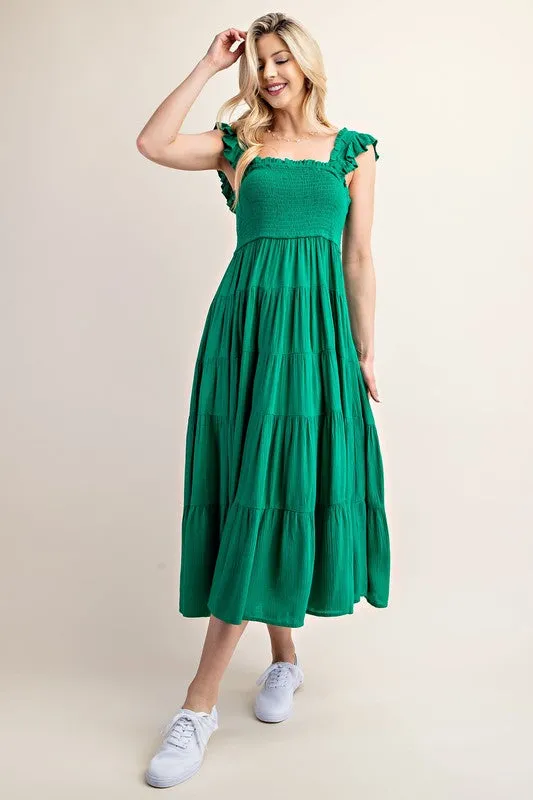 Kelly Green Smocked Tiered Maxi Dress