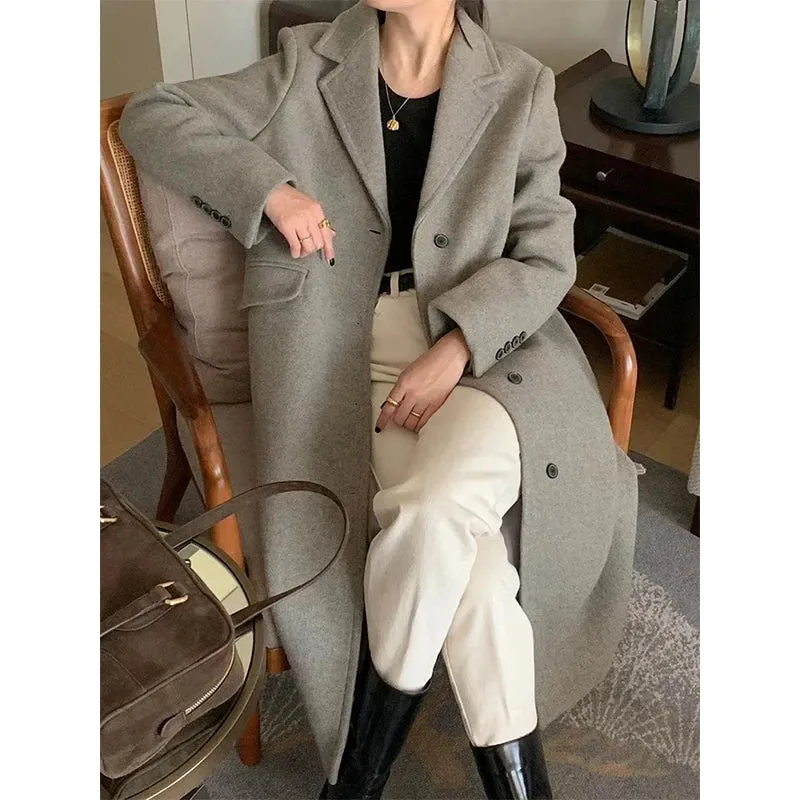 Long Wool Blends Coats Women Streetwear Black Woolen Jackets Elegant Commute Blazer Overcoat Winter Korean Chic Outerwear