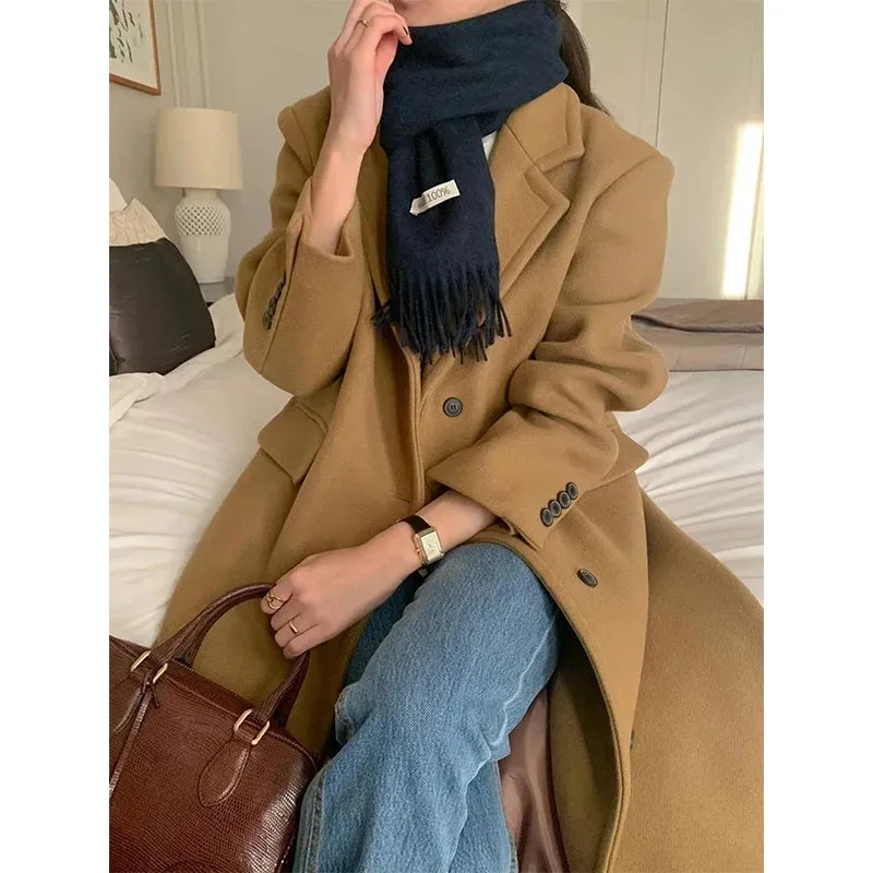 Long Wool Blends Coats Women Streetwear Black Woolen Jackets Elegant Commute Blazer Overcoat Winter Korean Chic Outerwear