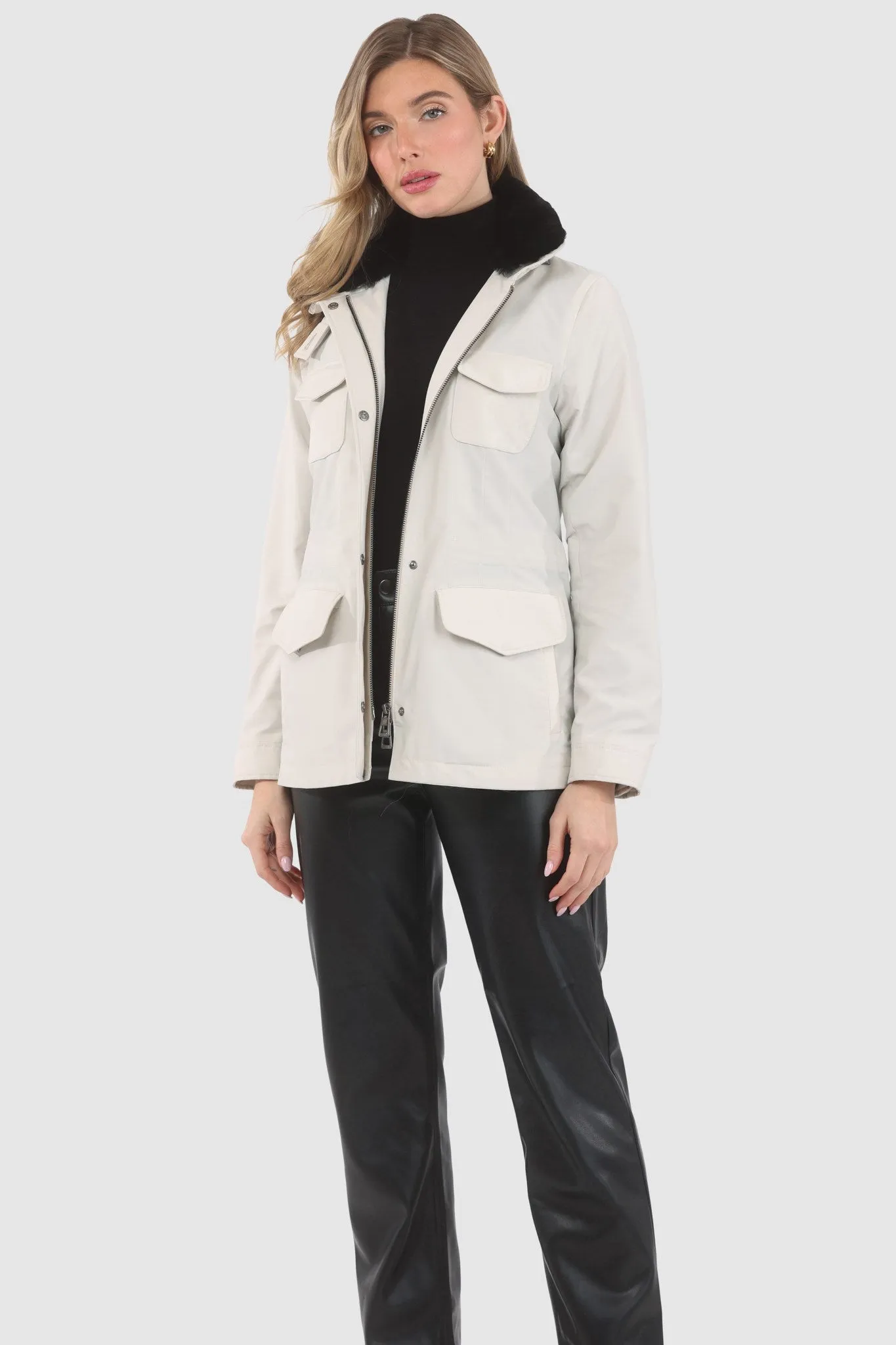 Loro Piana Storm System Lined Jacket with Detachable Select Shearling Lamb Collar, Concealed Hood