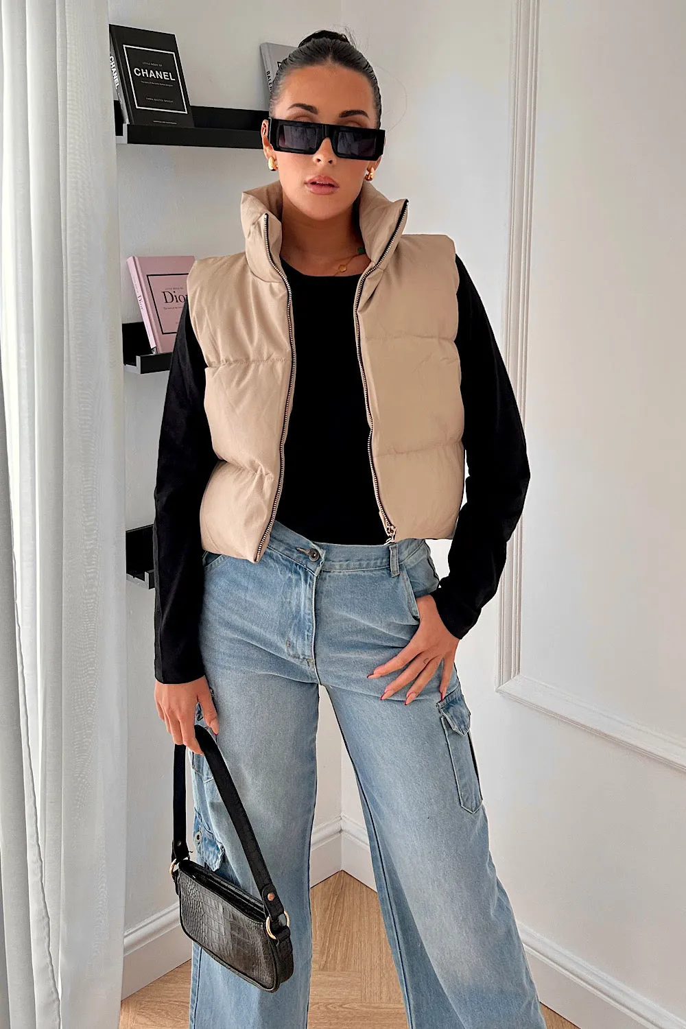 Lou Beige Faux Leather Cropped Gilet