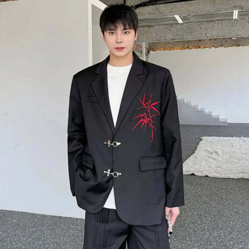 Male Suit Jackets Chinese Style Turn-down Embroidery Contrast Color Pockets Baggy Men's Blazers Casual Men Wear 9C4977