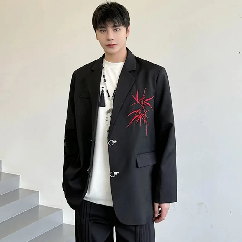 Male Suit Jackets Chinese Style Turn-down Embroidery Contrast Color Pockets Baggy Men's Blazers Casual Men Wear 9C4977