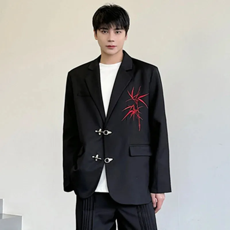 Male Suit Jackets Chinese Style Turn-down Embroidery Contrast Color Pockets Baggy Men's Blazers Casual Men Wear 9C4977