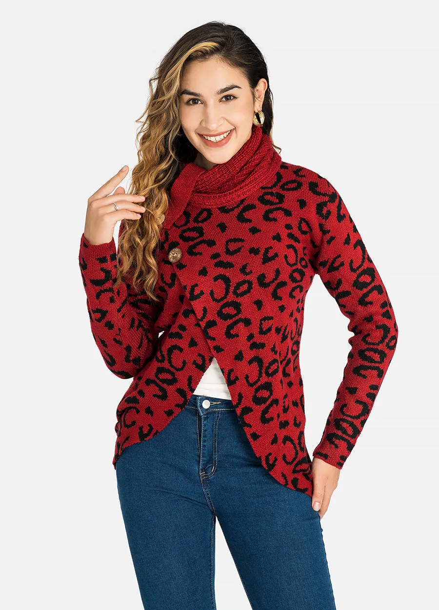 MECALA Women's Fall Knit Thick Sweater Allover Leopard Print Rolled Neck Wrap Sweater