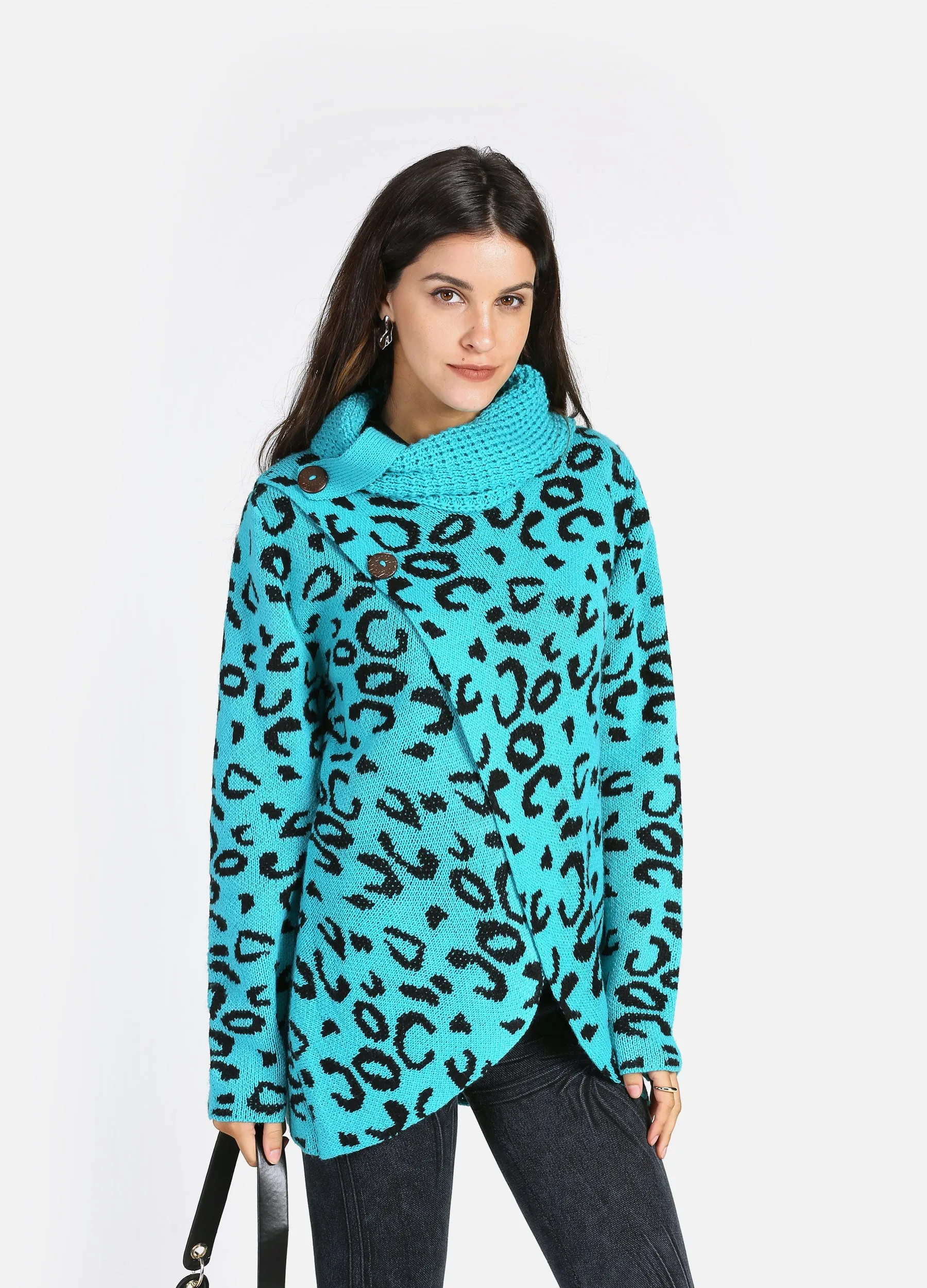 MECALA Women's Fall Knit Thick Sweater Allover Leopard Print Rolled Neck Wrap Sweater