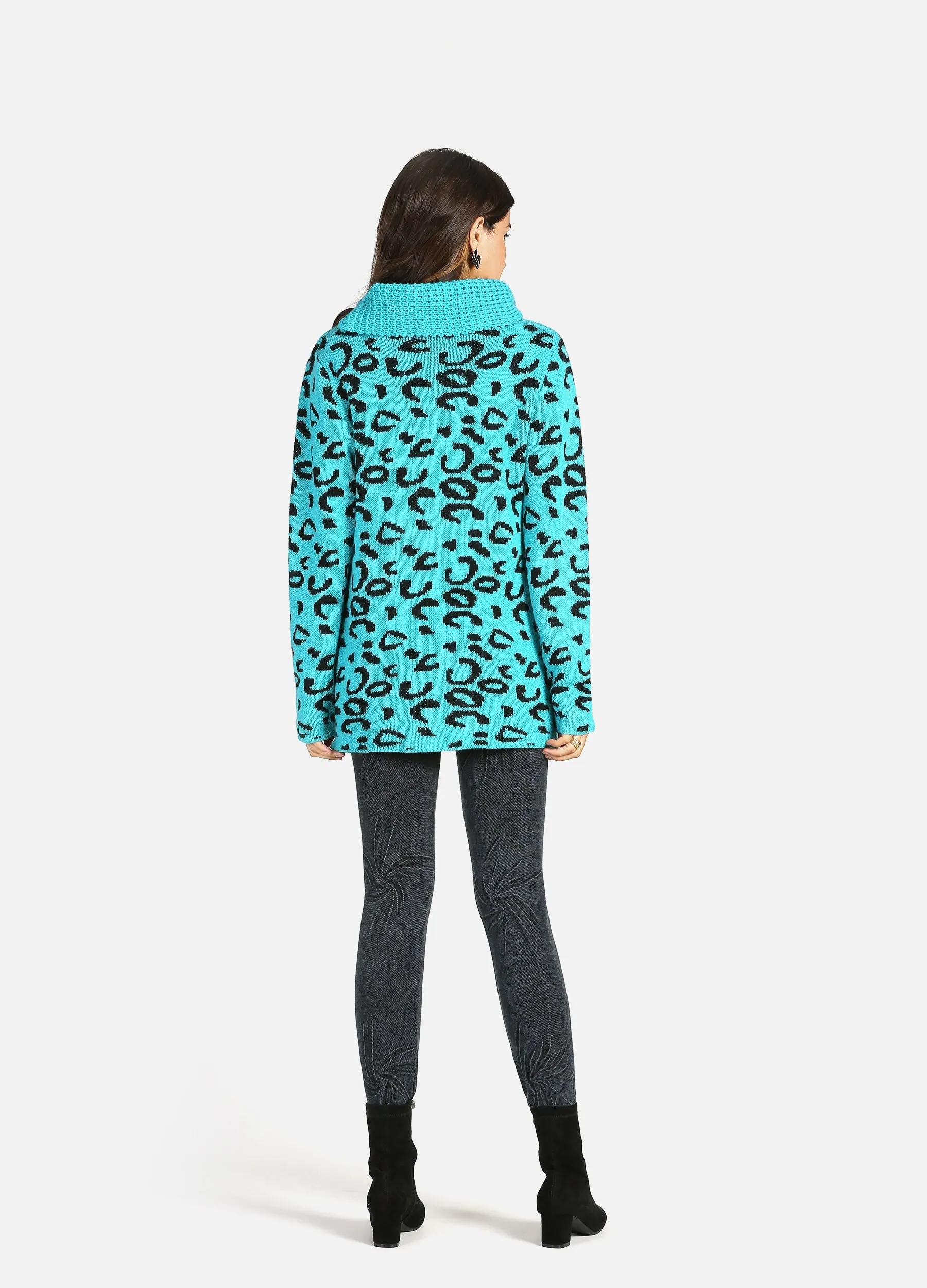 MECALA Women's Fall Knit Thick Sweater Allover Leopard Print Rolled Neck Wrap Sweater