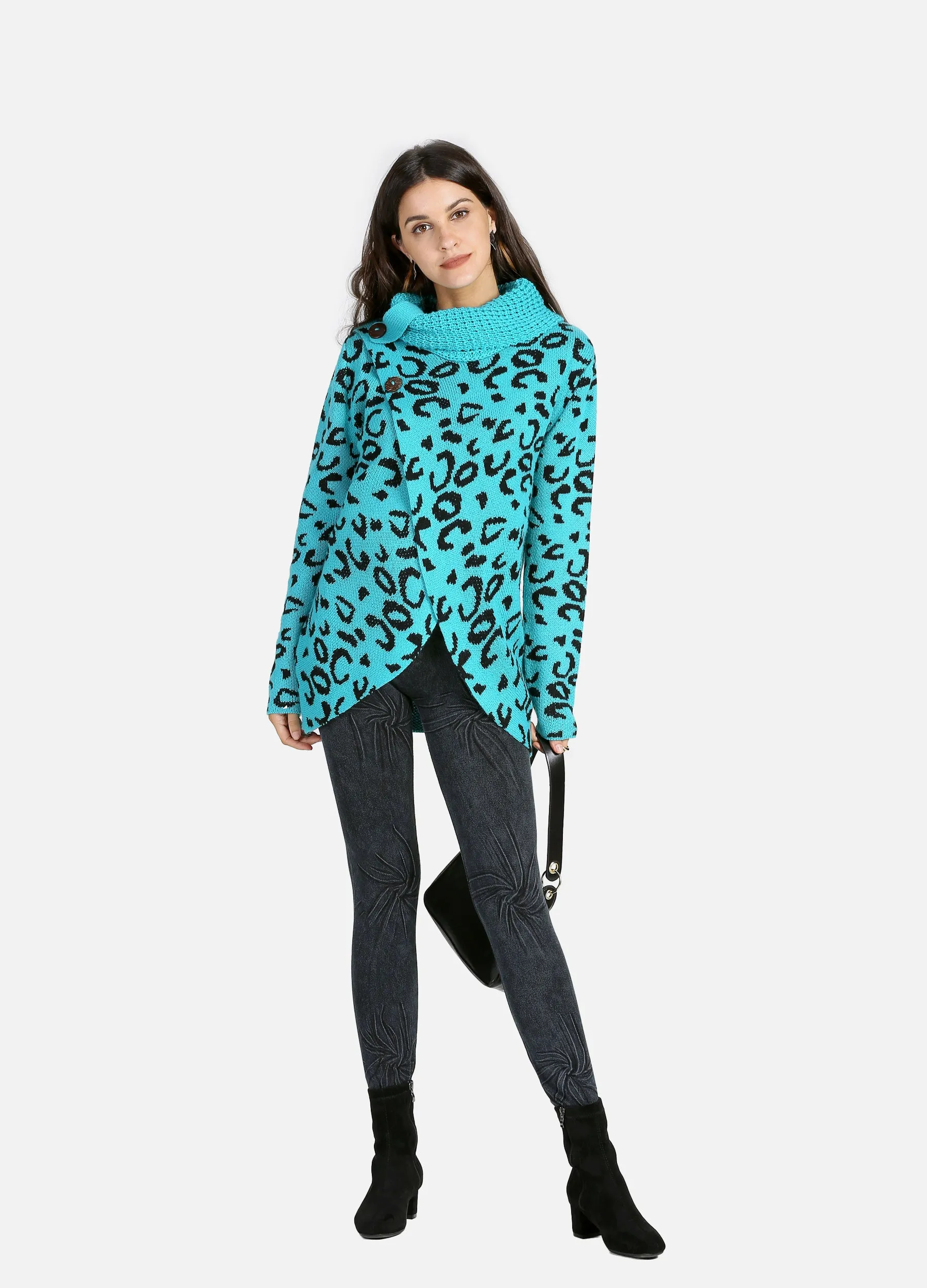 MECALA Women's Fall Knit Thick Sweater Allover Leopard Print Rolled Neck Wrap Sweater